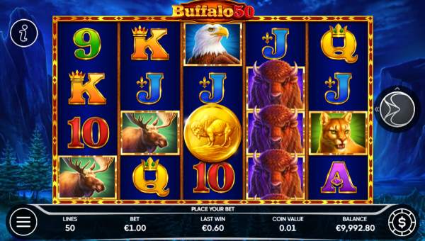 Buffalo 50 base game screenshot showing reels and features