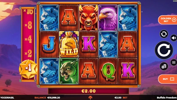 Buffalo Freedom DoubleMax base game screenshot showing reels and features