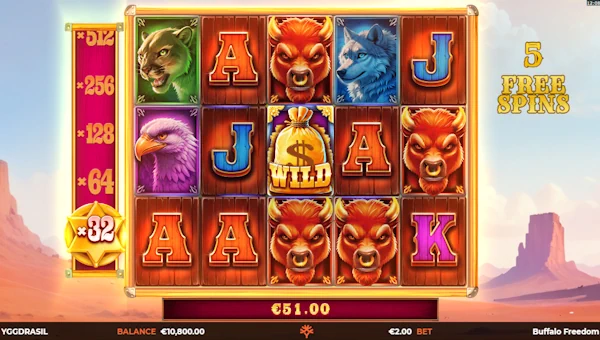 Screenshot of Buffalo Freedom DoubleMax slot demo showing reels and bonus game features