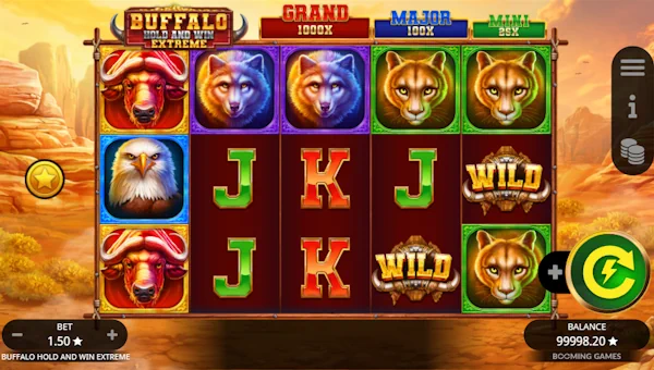 Buffalo Hold and Win Extreme base game screenshot showing reels and features