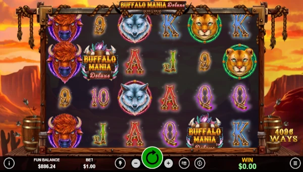 Buffalo Mania Deluxe base game screenshot showing reels and features