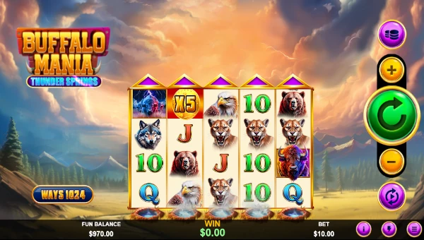 Buffalo Mania Thunder Springs base game screenshot showing reels and features