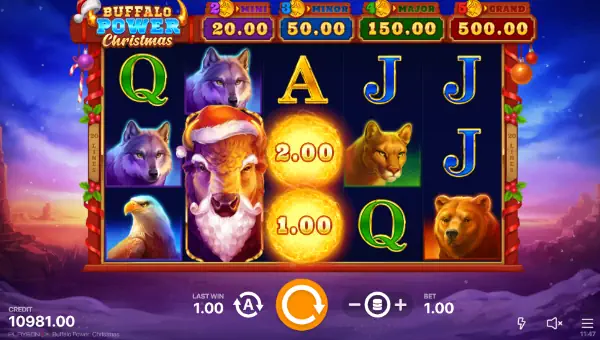 Buffalo Power Christmas base game screenshot showing reels and features