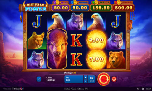 Buffalo Power Hold and Win base game screenshot showing reels and features