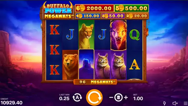 Buffalo Power Megaways base game screenshot showing reels and features
