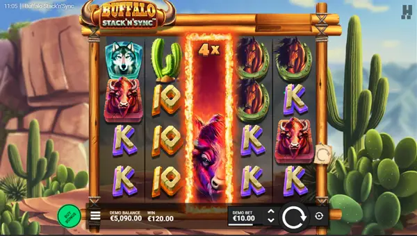 Buffalo Stack N Sync base game screenshot showing reels and features