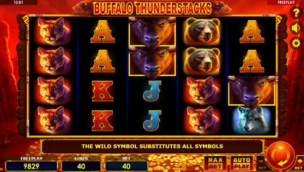 Buffalo Thunderstacks base game screenshot showing reels and features