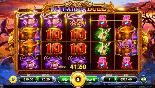 Buffaloes Duel base game screenshot showing reels and features