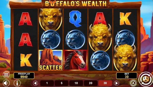 Buffalos Wealth base game screenshot showing reels and features