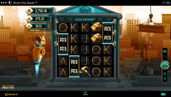 Build the Bank base game screenshot showing reels and features