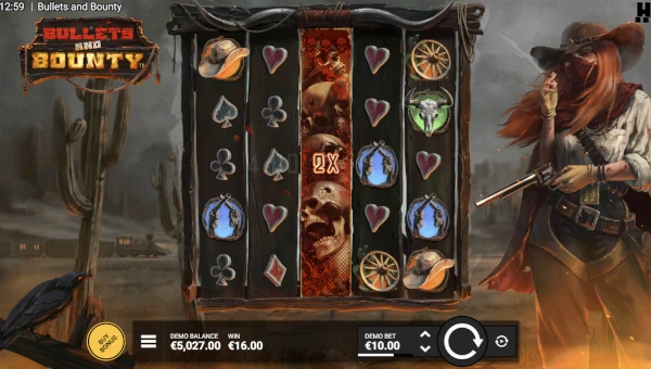 Bullets and Bounty base game screenshot showing reels and features