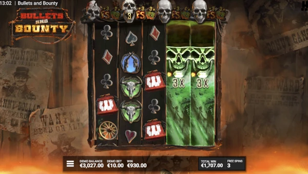 Screenshot of Bullets and Bounty slot demo showing reels and bonus game features