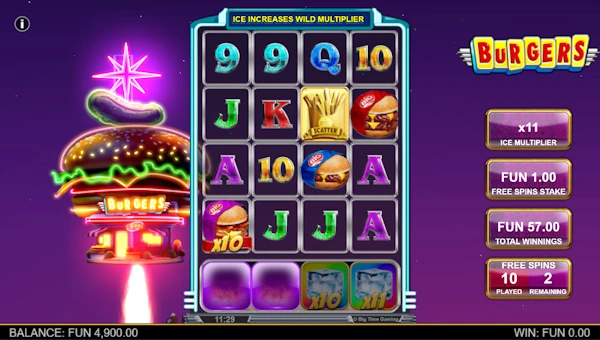 Screenshot of Burgers slot demo showing reels and bonus game features