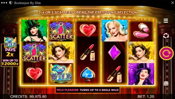 Burlesque by Dita base game screenshot showing reels and features