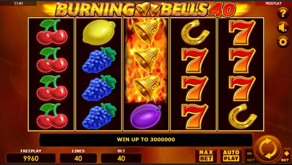 Burning Bells 40 base game screenshot showing reels and features