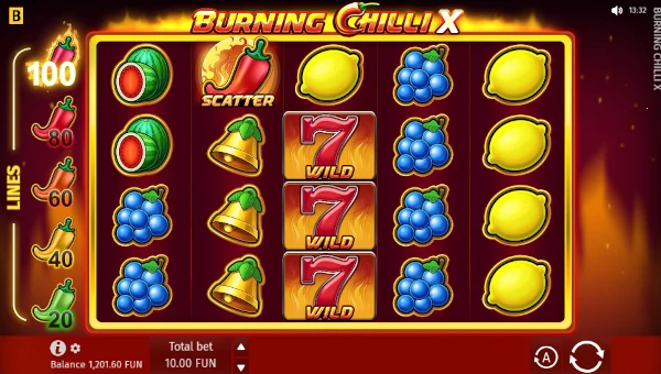 Burning Chilli X base game screenshot showing reels and features