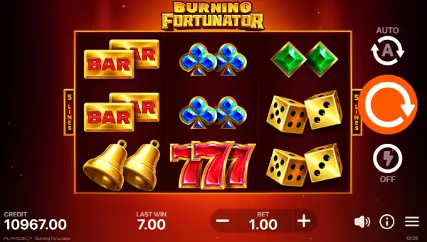 Burning Fortunator base game screenshot showing reels and features