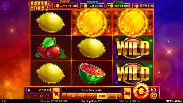 Burning Stars 3 base game screenshot showing reels and features