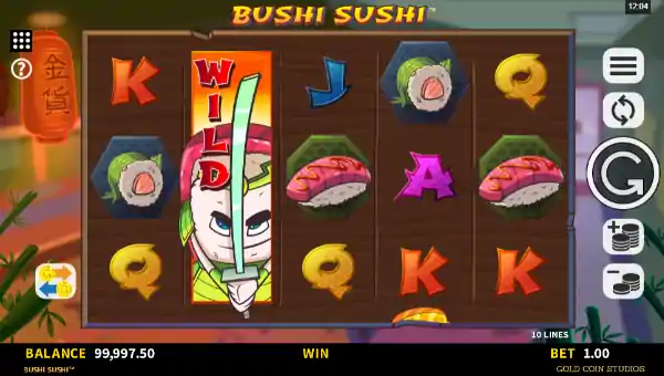 Bushi Sushi base game screenshot showing reels and features