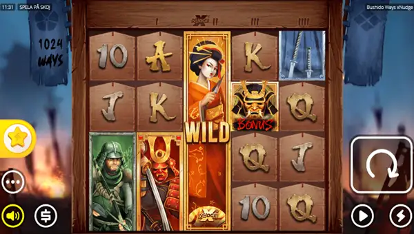 Bushido Ways base game screenshot showing reels and features