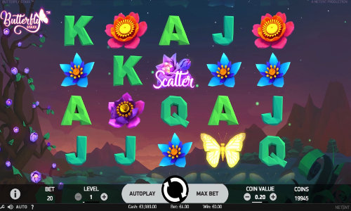 Butterfly Staxx base game screenshot showing reels and features