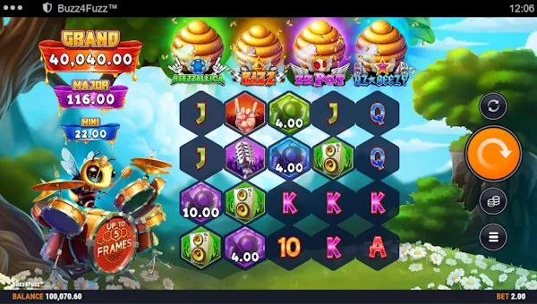 Buzz4Fuzz base game screenshot showing reels and features