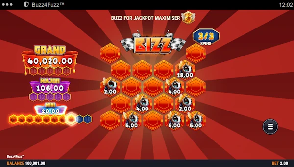Screenshot of Buzz4Fuzz slot demo showing reels and bonus game features