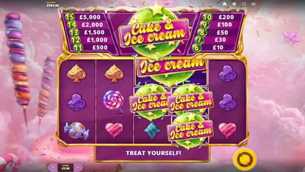 Cake and Ice Cream base game screenshot showing reels and features