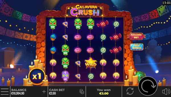 Calavera Crush base game screenshot showing reels and features