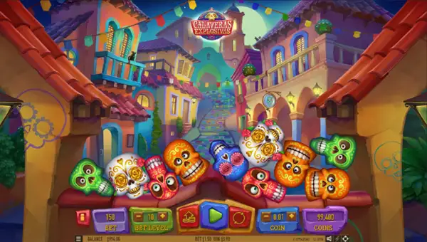 Calaveras Explosivas base game screenshot showing reels and features