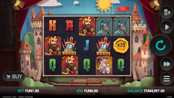 Camelot Cash base game screenshot showing reels and features