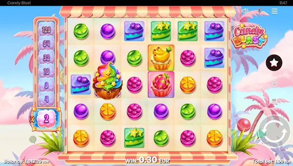 Candy Blast base game screenshot showing reels and features