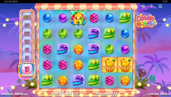 Screenshot of Candy Blast slot demo showing reels and bonus game features