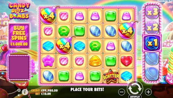 Candy Blitz Bombs base game screenshot showing reels and features
