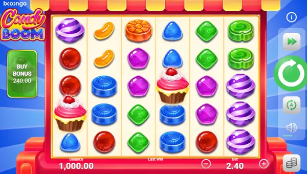 Candy Boom base game screenshot showing reels and features