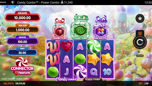 Candy Combo Power Combo base game screenshot showing reels and features