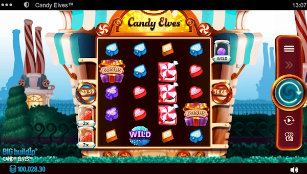 Candy Elves base game screenshot showing reels and features