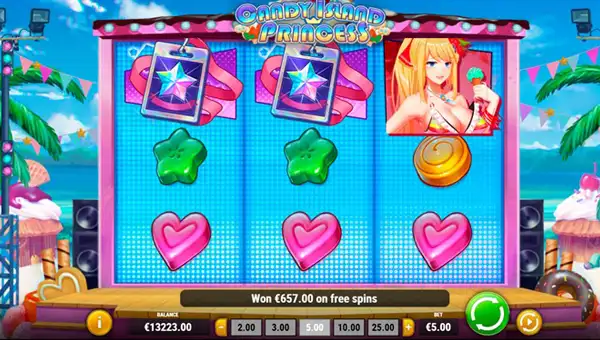Candy Island Princess base game screenshot showing reels and features