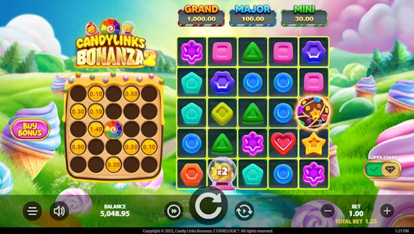 Candy Links Bonanza 2 base game screenshot showing reels and features