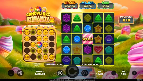 Screenshot of Candy Links Bonanza 2 slot demo showing reels and bonus game features
