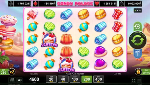 Candy Palace base game screenshot showing reels and features