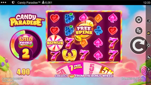 Candy Paradise base game screenshot showing reels and features