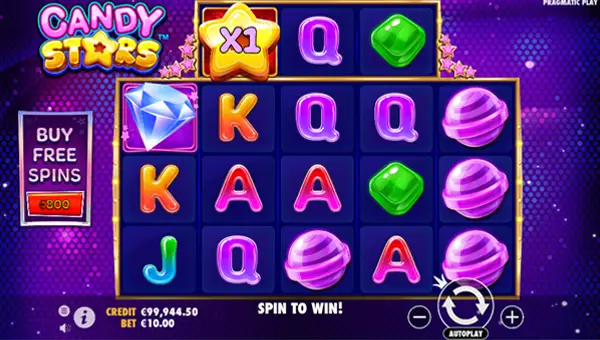 Candy Stars base game screenshot showing reels and features