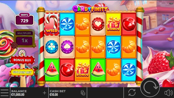Candyfinity base game screenshot showing reels and features