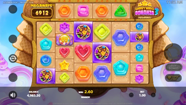 Candyways Bonanza 3 Megaways base game screenshot showing reels and features