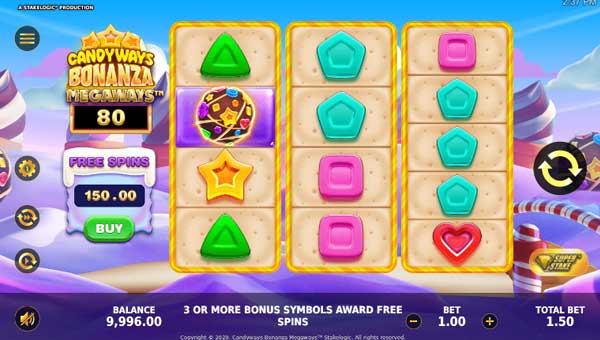 Candyways Bonanza Megaways base game screenshot showing reels and features