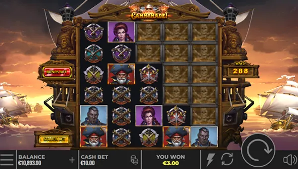 Cannonade base game screenshot showing reels and features