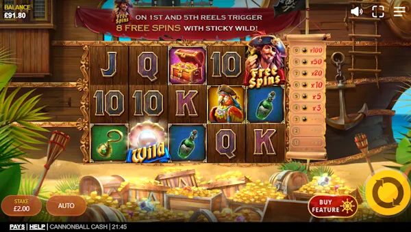 Cannonball Cash base game screenshot showing reels and features