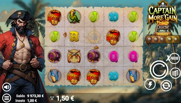 Captain Moregain base game screenshot showing reels and features