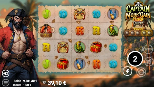 Screenshot of Captain Moregain slot demo showing reels and bonus game features